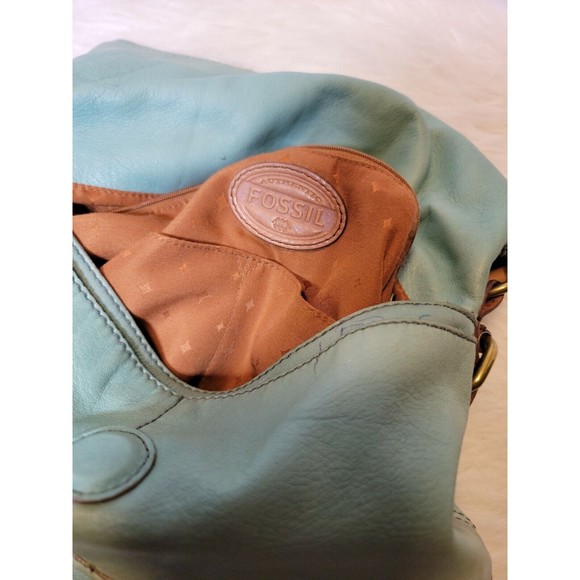 FOSSIL Explorer Flap Foldover Hobo Mint Green Teal Leather Slouch Shoulder Bag - Picture 4 of 12